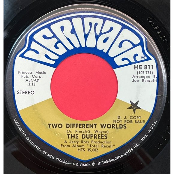 The Duprees Two Different Worlds 45 Sunshine Pop Promo Heritage 811 - Picture 1 of 4